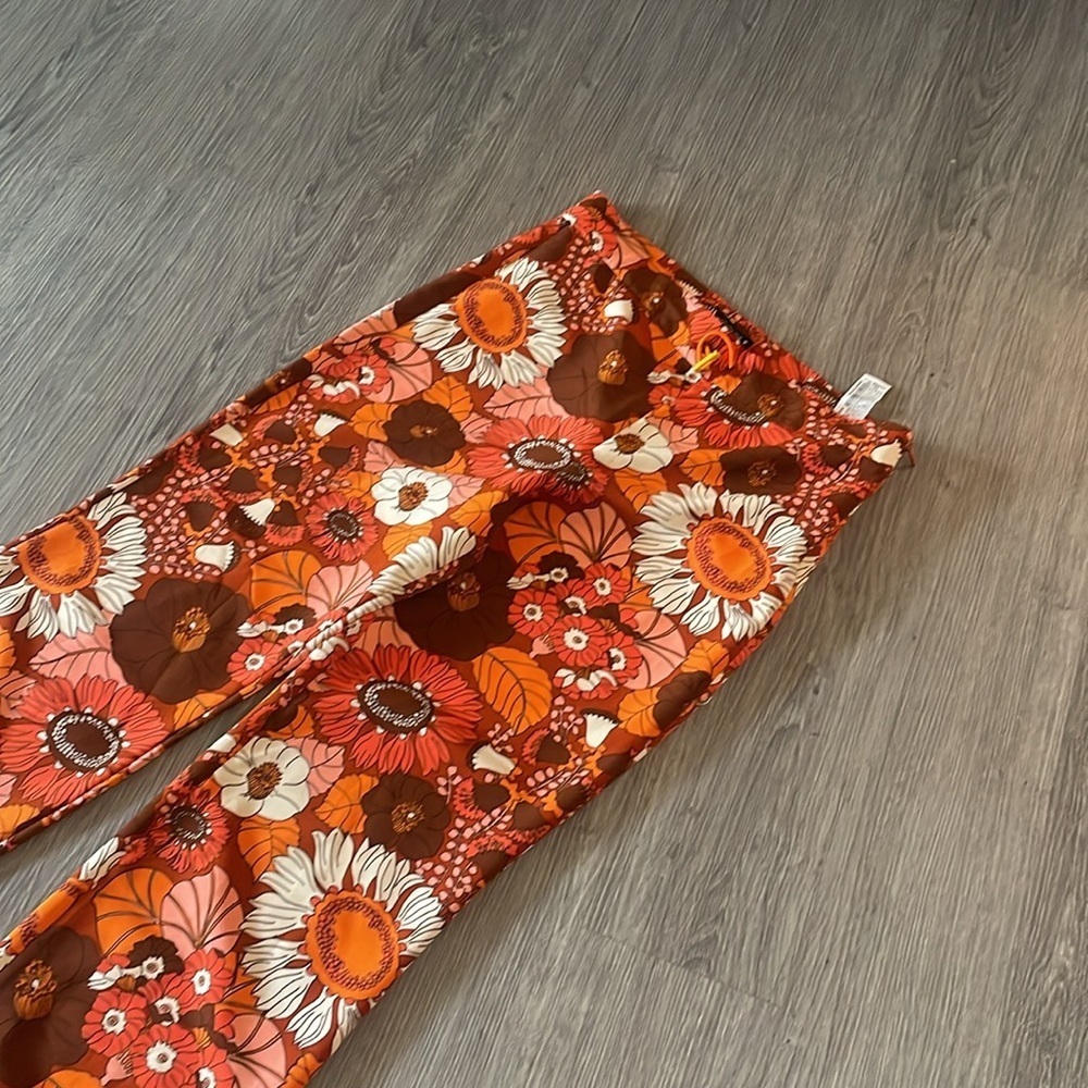 Zara Women's High Rise Orange & White Floral Retro Hippie Flare Pants Size L - Picture 6 of 11